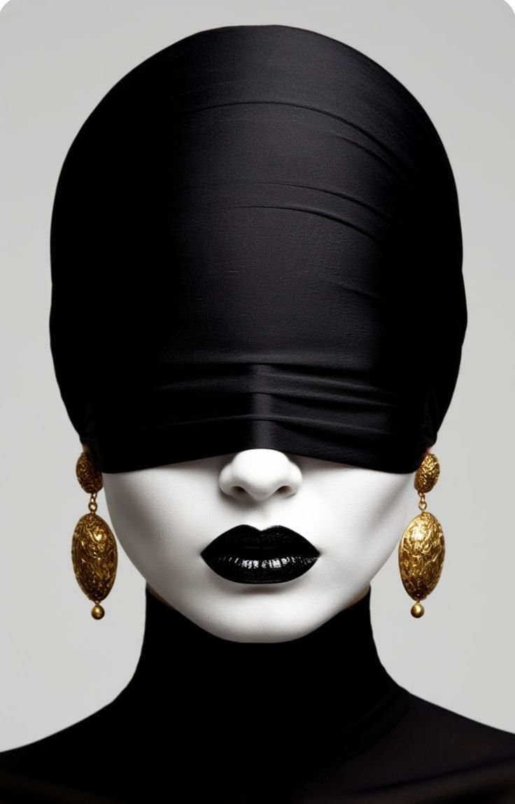 Beauty portrait of a face wrapped in a black headwrap down to the nose, gold drop earrings, matte black lipstick