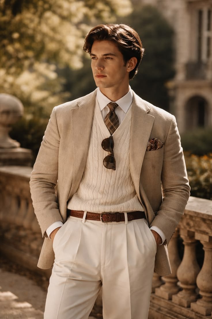 Portrait of a man in a tan blazer and cream sweater with sunglasses tucked into the collar, standing outdoors