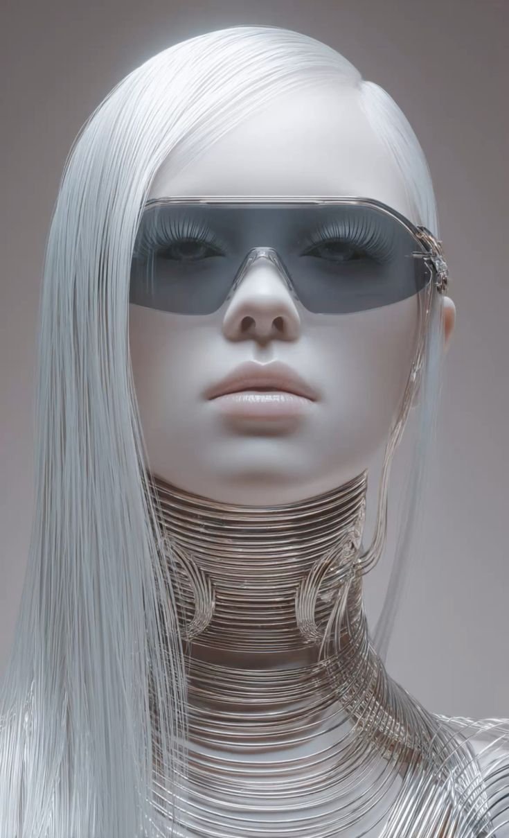 Close-up portrait of a model with pale features and metallic wire choker rings, wearing reflective black visor sunglasses