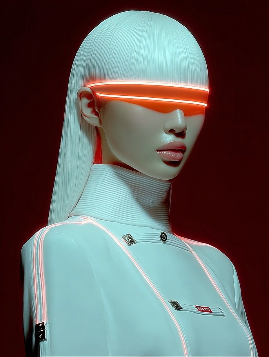 Portrait of a model with white hair wearing a glowing red LED visor and white high-collar jacket against a dark red background