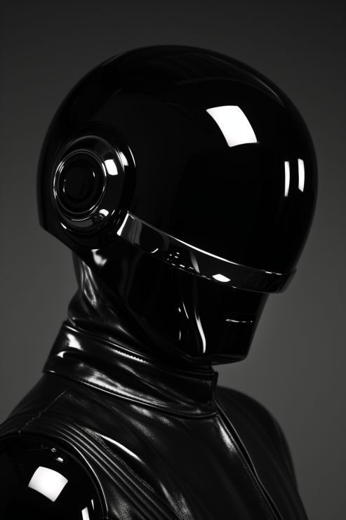 Profile portrait of a model in a glossy black full-face helmet with a reflective visor and matching black leather jacket