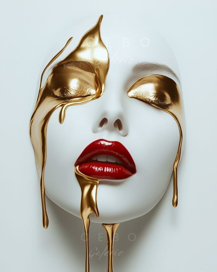 Beauty portrait of a matte white face with molten liquid gold dripping over the eyes and mouth, bold red lips