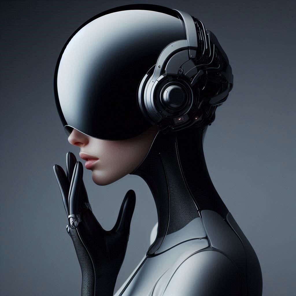 Profile portrait of a model in a glossy grey rounded helmet with an integrated mechanical ear piece, gloved hand raised to the chin