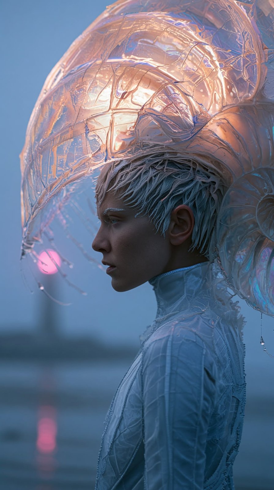 Profile portrait of a model wearing a glowing translucent sculptural headpiece shaped like a shell, dusk cityscape behind