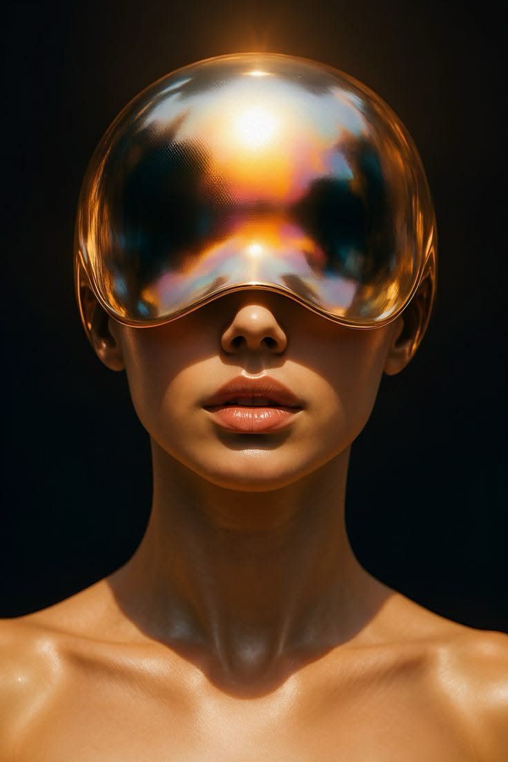 Close-up portrait of a model in a golden dome-shaped reflective visor catching warm sunlight, nose and lips visible below