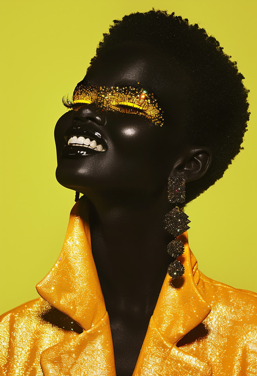 Beauty portrait against chartreuse, in a gold sequinned jacket with glitter brows and black crystal earrings
