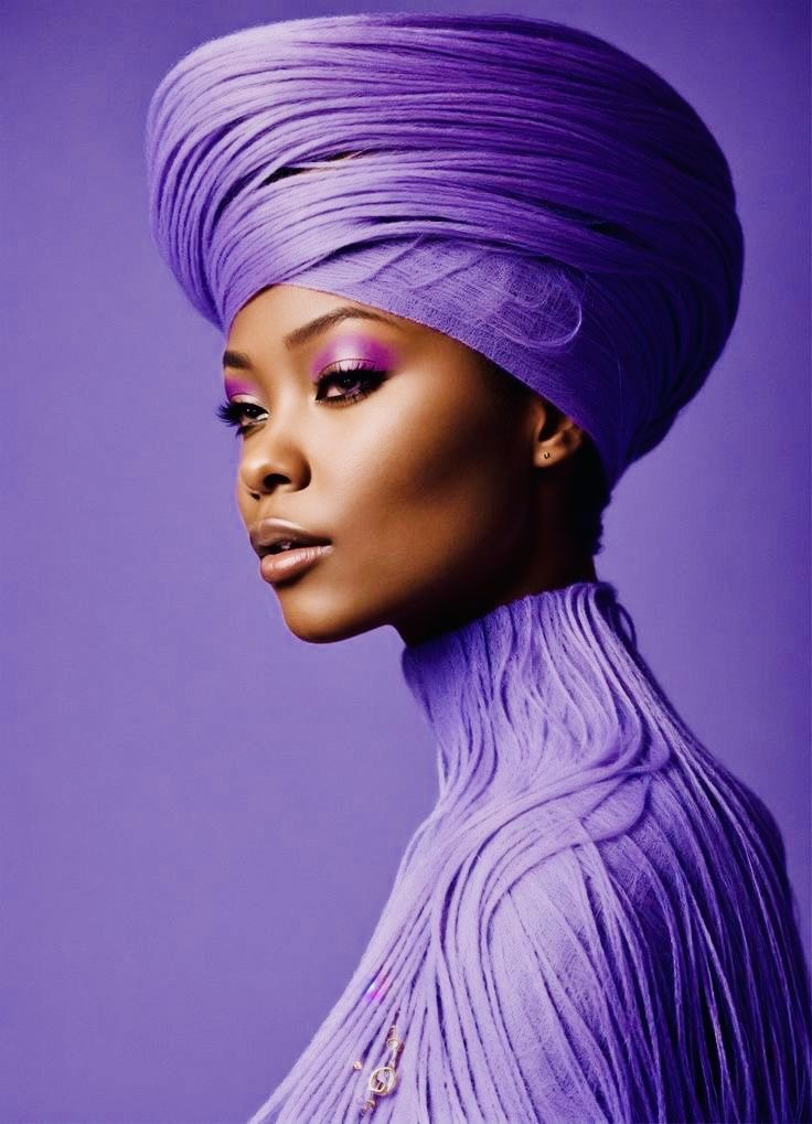 Profile portrait in a sculpted lilac wrapped turban and matching fringed knit