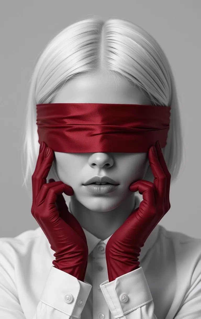 Black-and-white portrait, red silk blindfold and red gloves framing the face