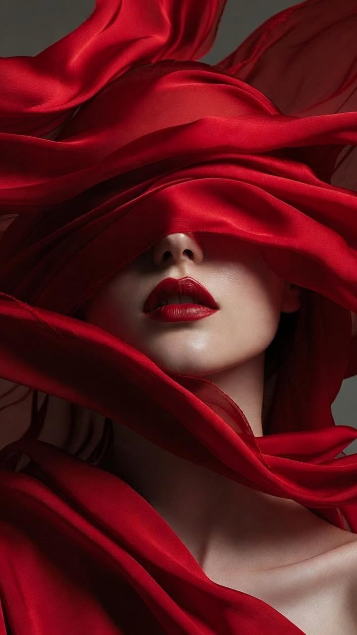 Red silk fabric swept across the eyes, bold red lips exposed below