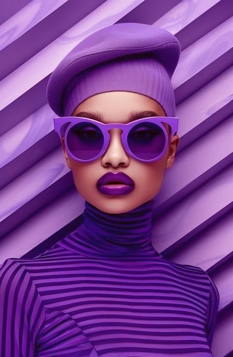 Portrait lit entirely in purple, beret and round sunglasses against a striped backdrop