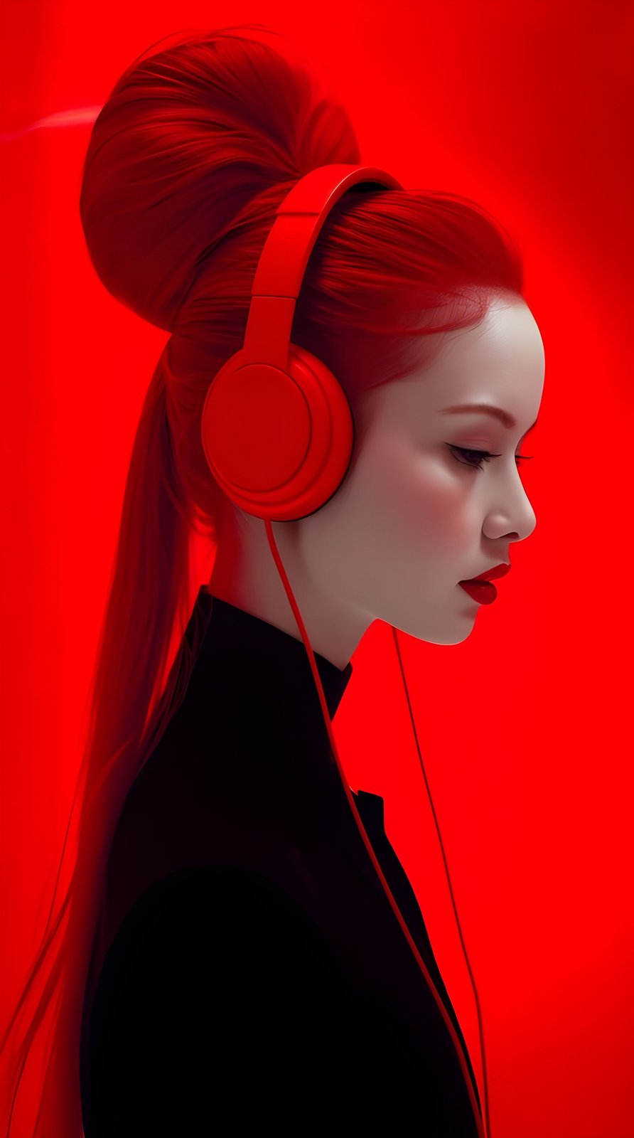 Side-profile portrait in red-toned light, red headphones and a swept-up updo