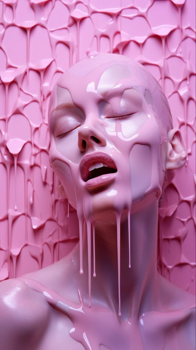 Portrait dripping in glossy pink paint, eyes closed, dramatic pink backdrop