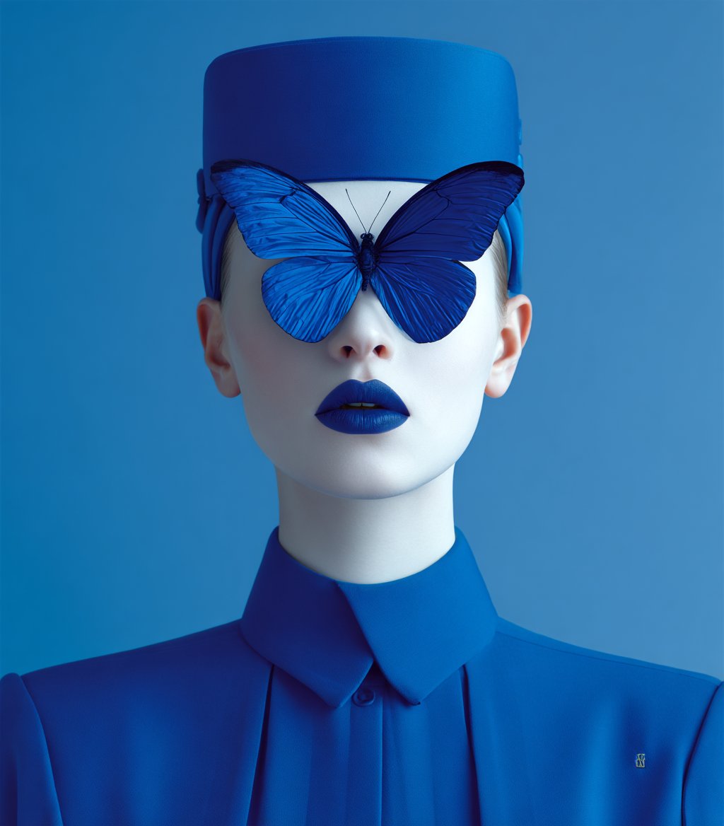 Portrait in a blue uniform and cap, a giant blue butterfly covering the eyes