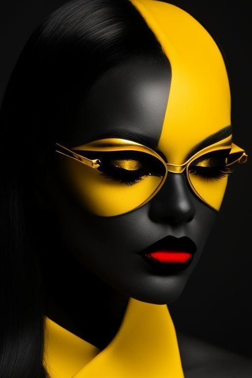 Bold black and yellow face paint with cat-eye glasses, red lips