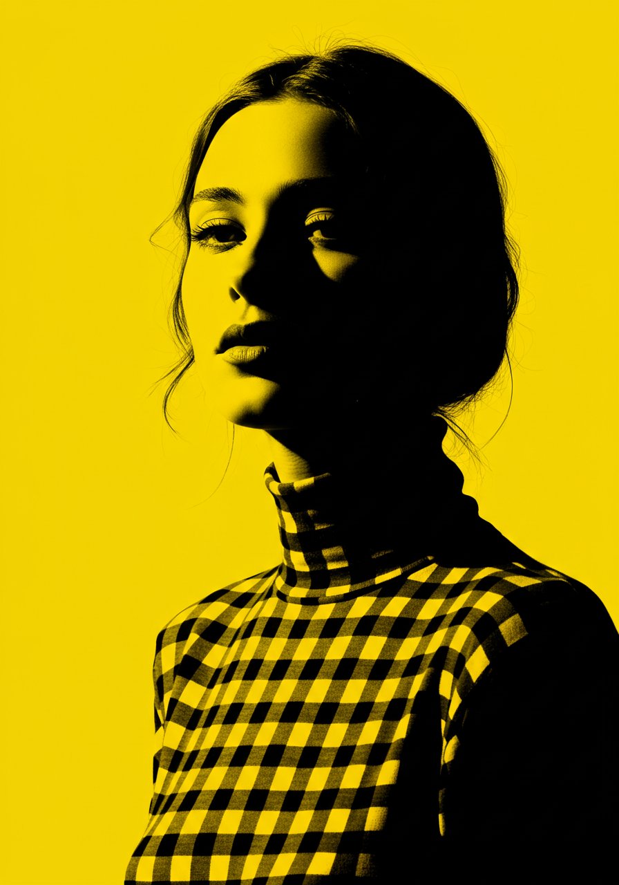 Side profile portrait in yellow duotone, checkered turtleneck sweater