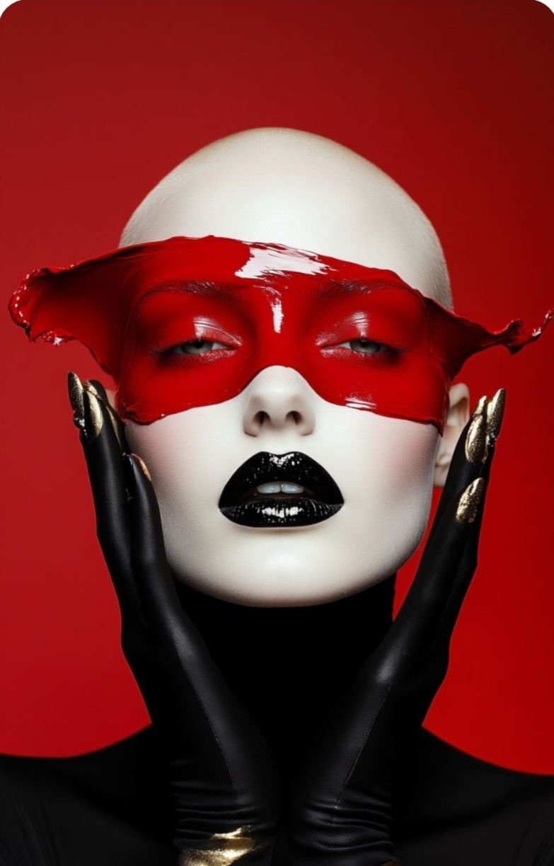 Glossy red paint mask over the eyes, black lips, black gloves against red