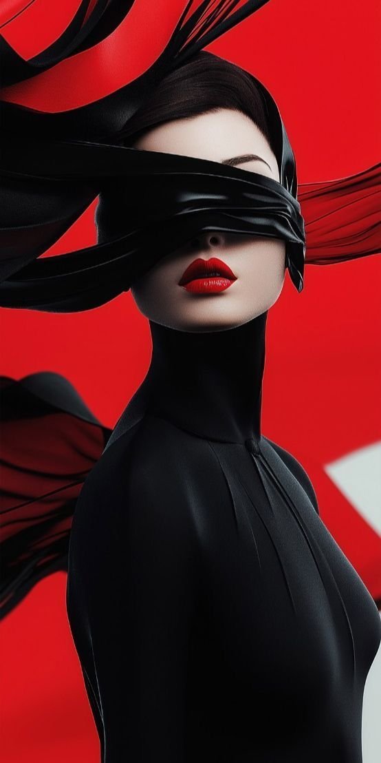 Portrait in black wind-swept fabric wrapped over the eyes, bold red lips against a red backdrop