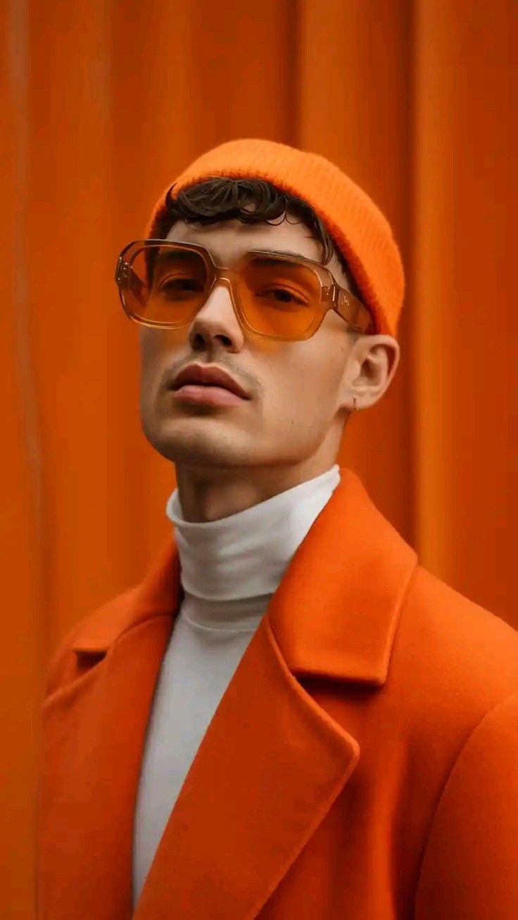 Portrait in an orange coat and beanie, tinted square sunglasses against an orange backdrop