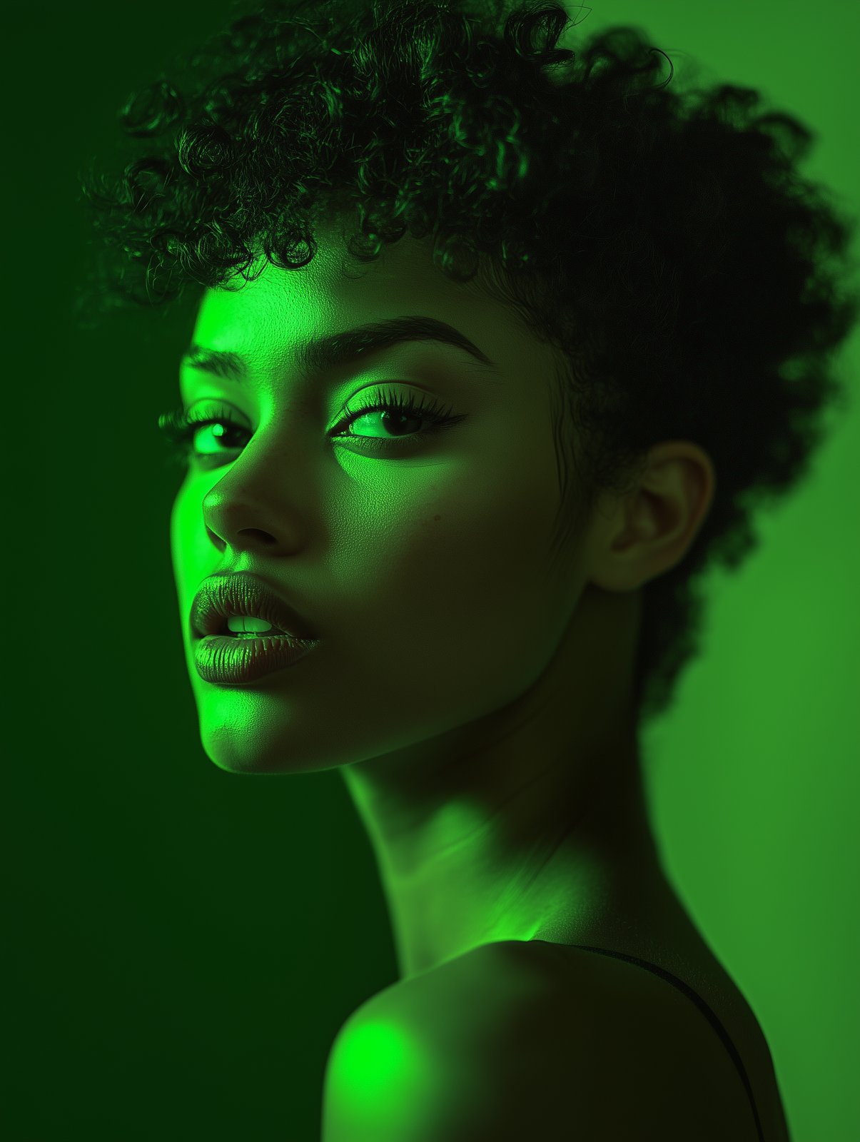 Side profile portrait lit entirely in green, curly hair and bare shoulder