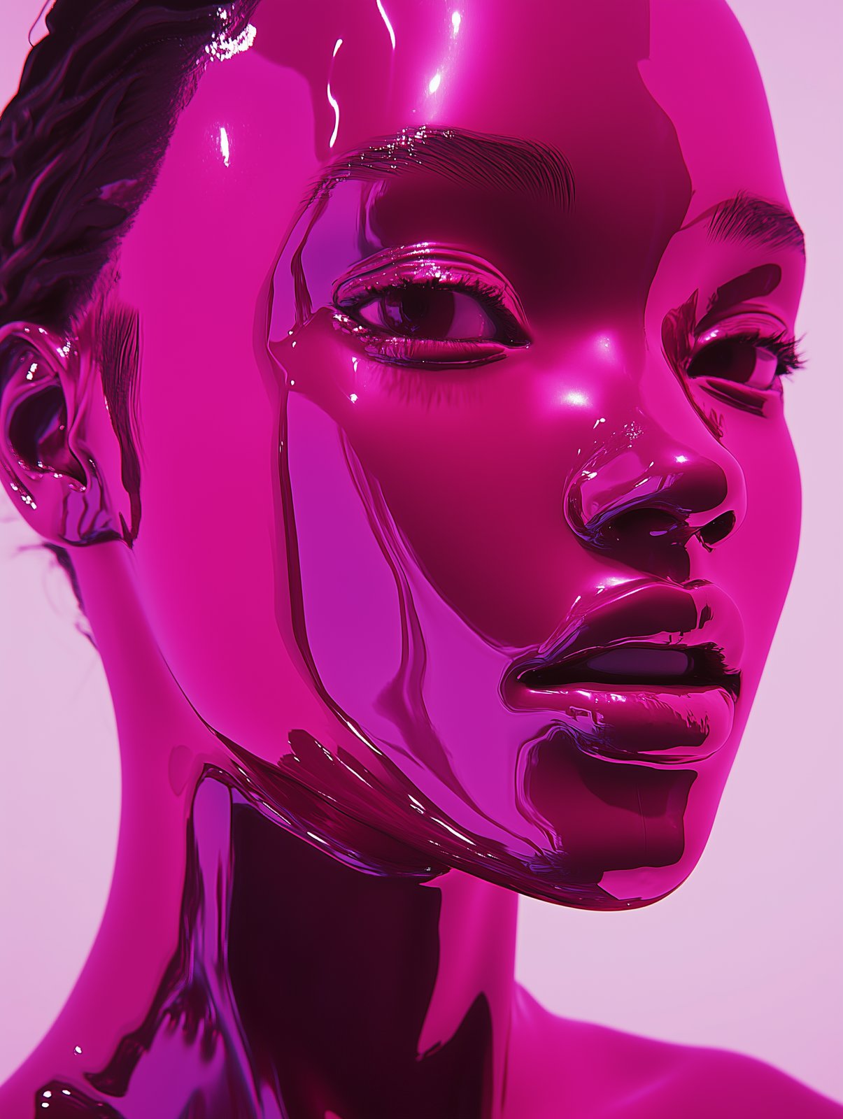 Close-up portrait rendered in glossy magenta, dramatic reflective lighting