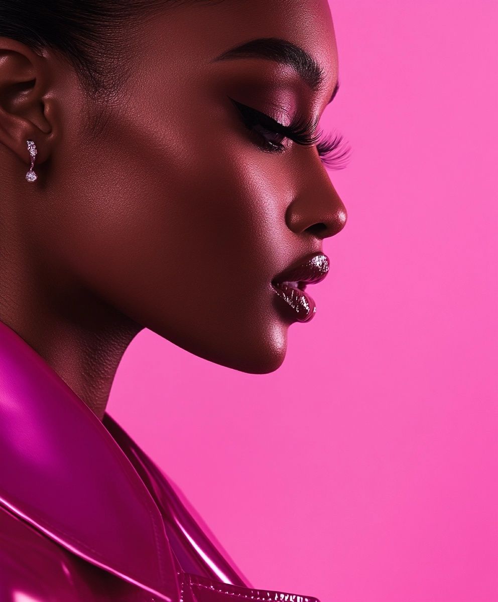 Side profile beauty portrait lit in magenta, glossy pink jacket and diamond earring