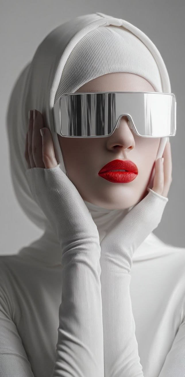 Beauty portrait in a white knit wrap and mirrored white sunglasses, bold red lips