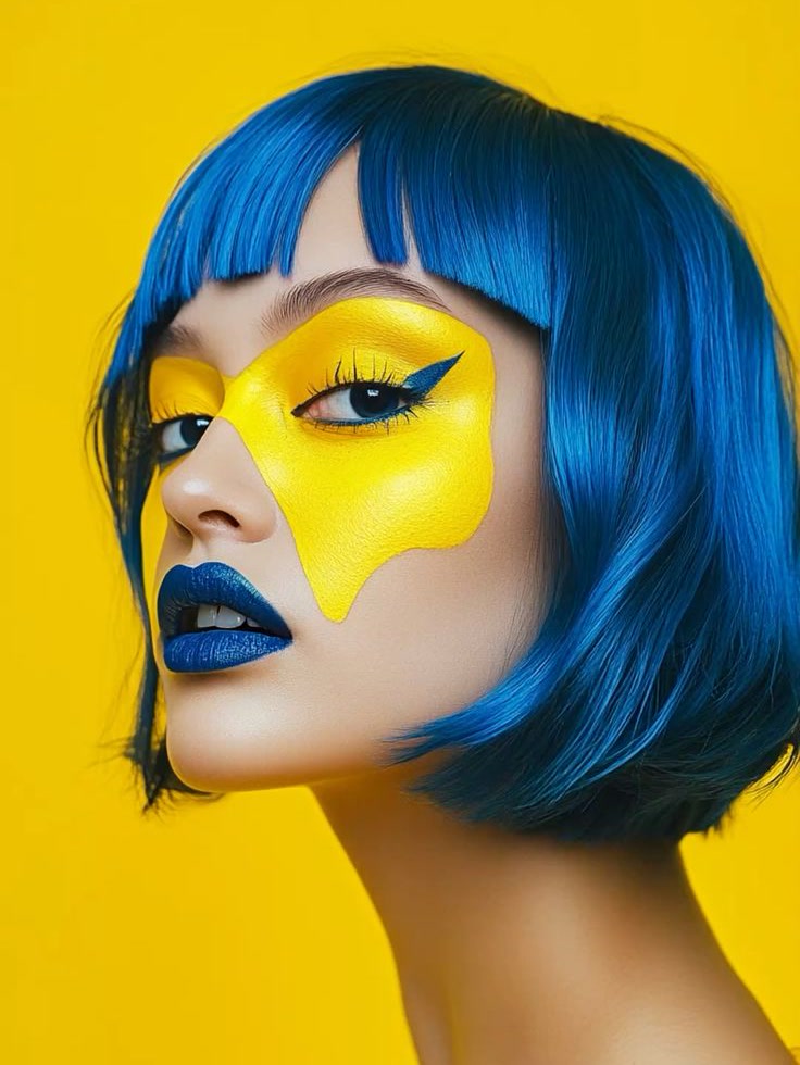 Beauty portrait against a yellow backdrop — a blue bob with a blunt fringe, a yellow paint patch across one eye, and deep blue lips