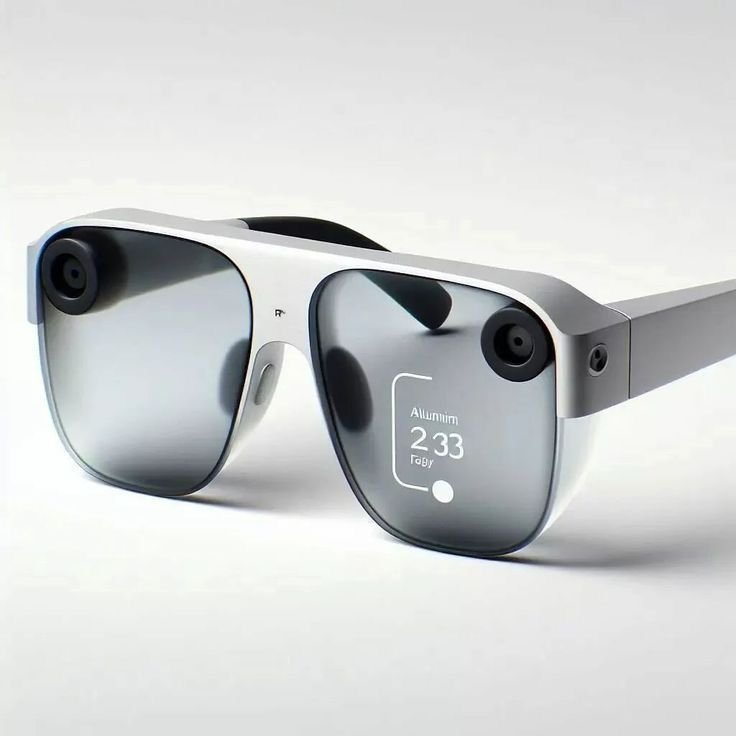 Futuristic white smart glasses with dark reflective lenses, twin cameras on the temples, and a HUD readout visible in the lens