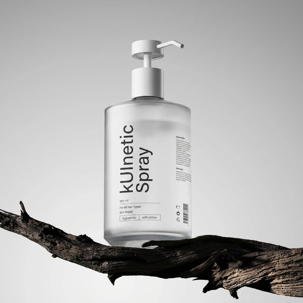 White kUInetic-branded spray bottle mockup resting on a dark driftwood branch against a grey backdrop
