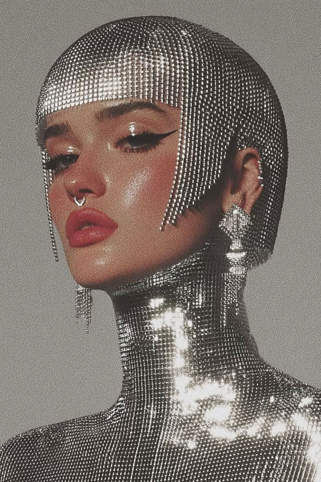 Close-up portrait of a model in a rhinestone-mesh hood and turtleneck, red lipstick and a nose ring