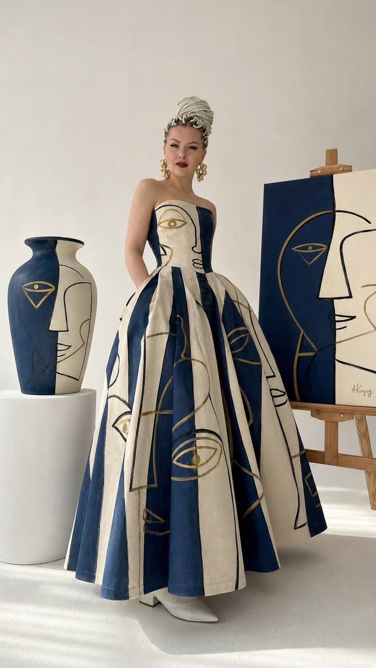 Portrait of a model in a strapless navy-and-cream gown printed with abstract Picasso-style faces, beside a matching painted vase