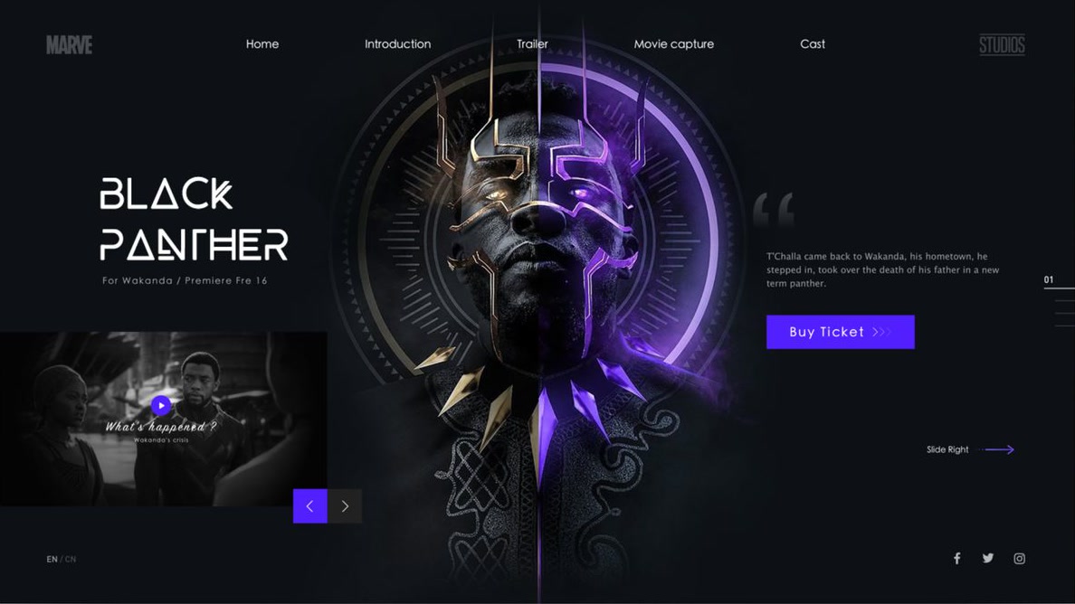 A Black Panther movie landing page — the masked character lit half gold and half violet, with a Buy Ticket button and a trailer thumbnail