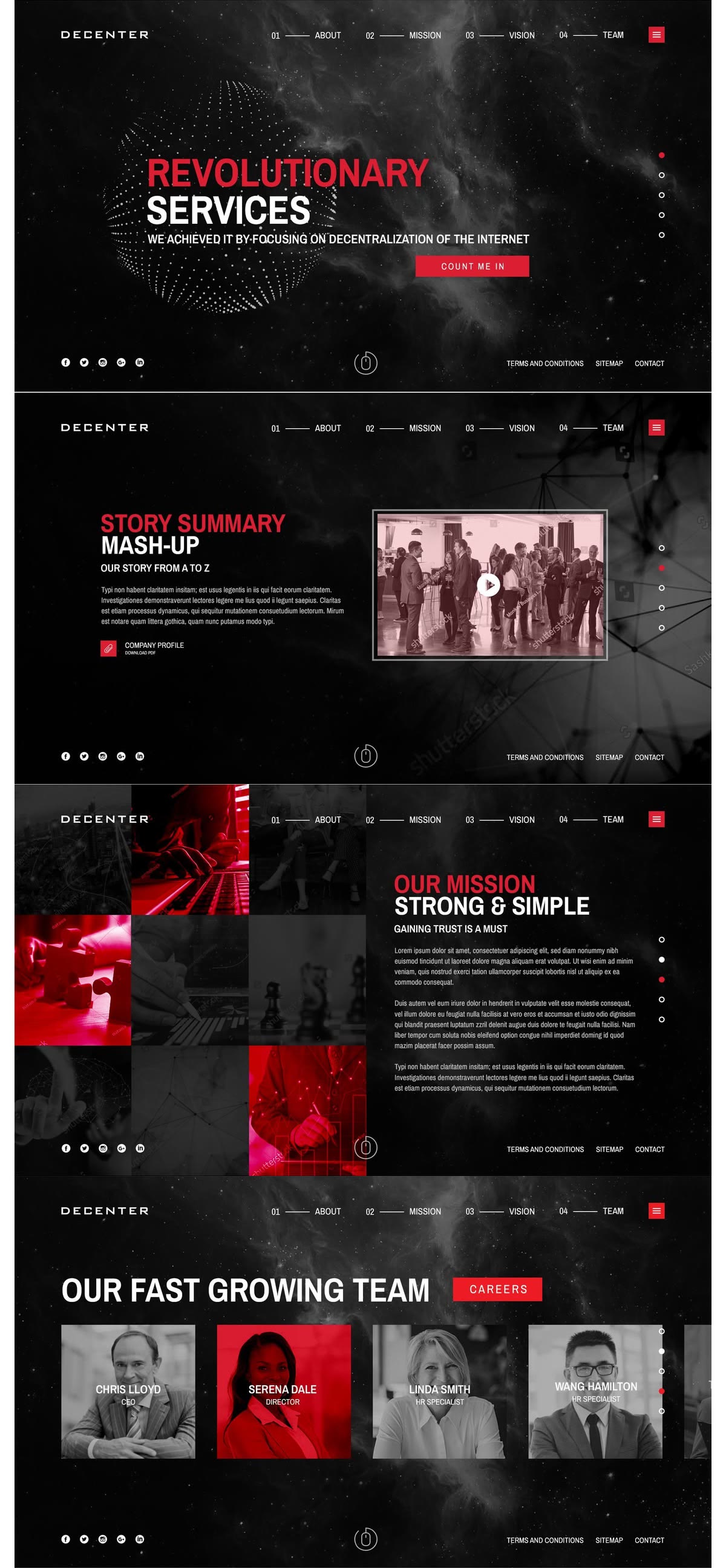 The DECENTER website in four screens — a REVOLUTIONARY SERVICES hero over a starfield, a STORY SUMMARY screen with a video panel, an OUR MISSION screen behind a red-and-grey photo grid, and an OUR FAST GROWING TEAM screen of four staff portraits