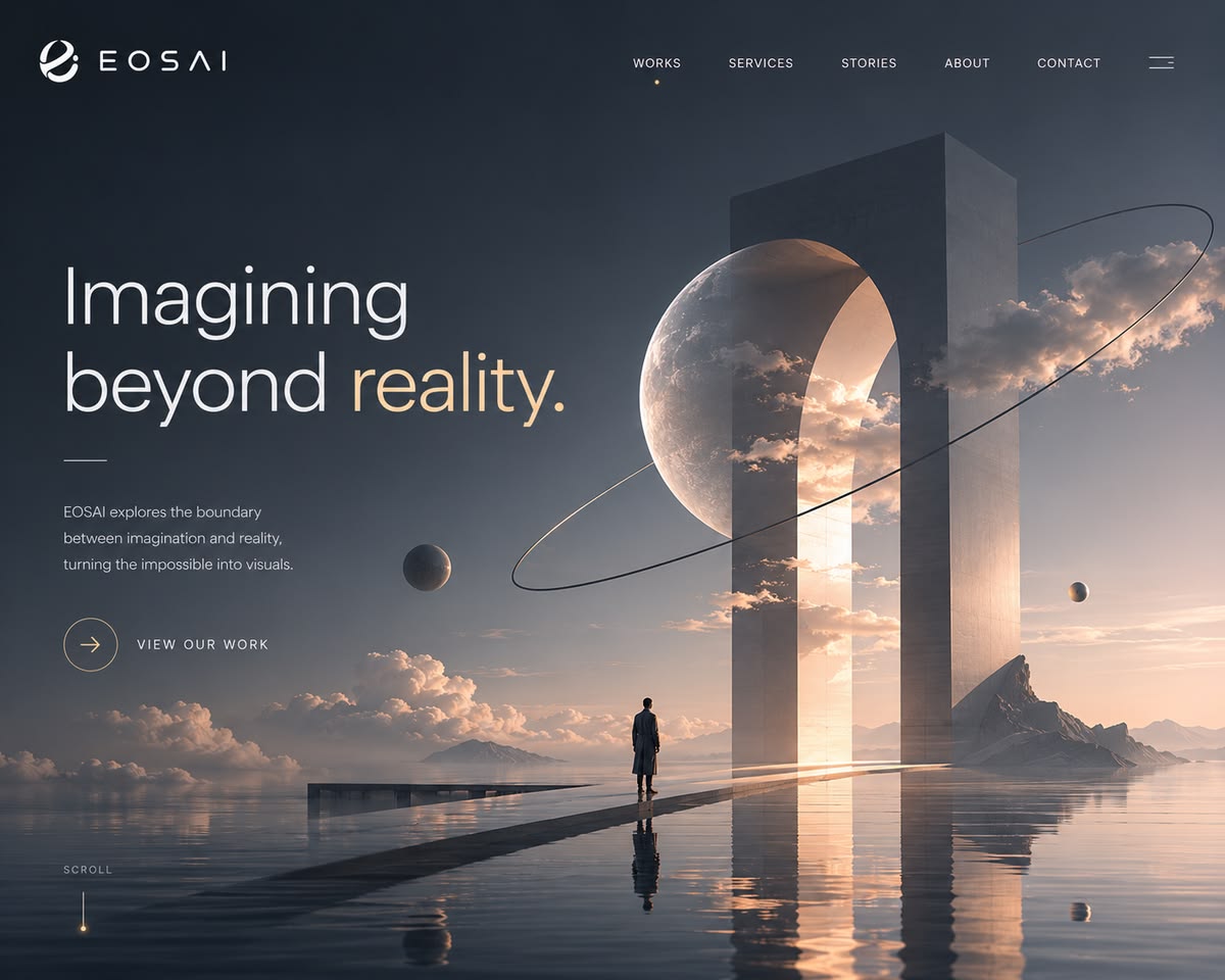 The EOSAI agency homepage — a dark cinematic hero reading "Imagining beyond reality" over a monolithic arch and ringed planet
