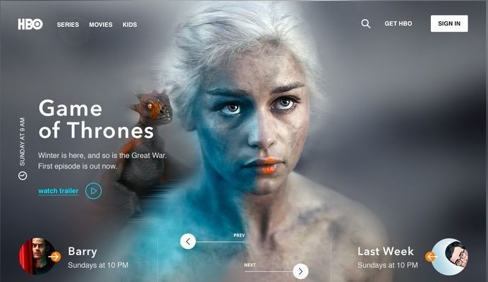The HBO Game of Thrones show page — Daenerys in close-up with a dragon on her shoulder beside the series title and a watch-trailer link