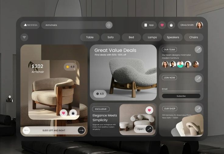 The MODERA furniture store as a spatial interface — a translucent glass shopping panel floating in a dark room above a low leather sofa, showing an armchair listing, a Great Value Deals card, and a team panel