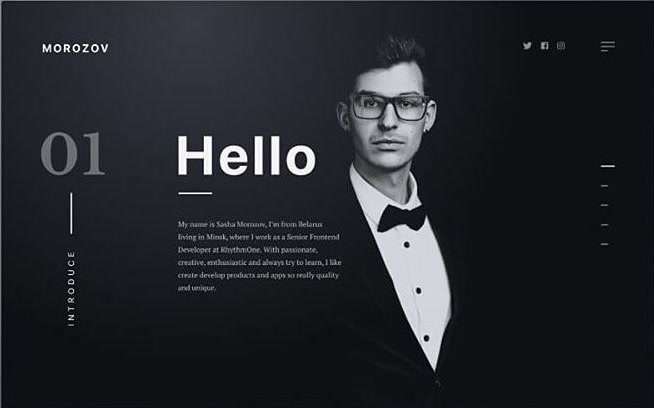 The Morozov developer portfolio — a monochrome headshot of a man in glasses and a bow tie beside a large Hello and a short intro