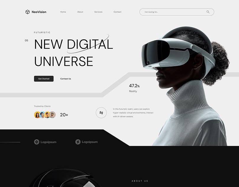 The NeoVision homepage — a woman in profile wearing a white VR headset beside the headline New Digital Universe, with a 47.2% Reality stat and a client avatar row