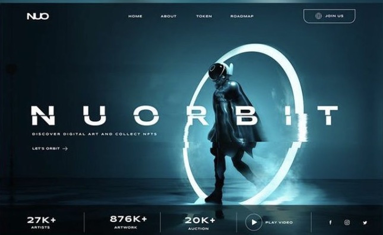 The NUORBIT NFT marketplace homepage — a wide-tracked wordmark over a figure stepping through a glowing ring, with 27K/876K/20K stat counters along the bottom