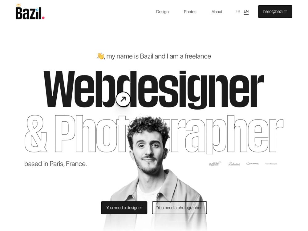 Bazil's freelance portfolio homepage — a heavy black Webdesigner set over an outlined & Photographer, with a monochrome portrait rising between the two lines