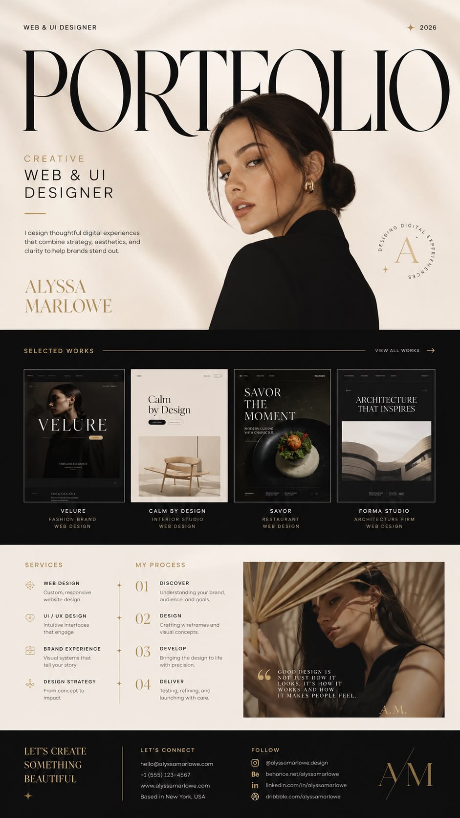 The full landing page of Alyssa Marlowe's web design portfolio, from the serif PORTFOLIO masthead through selected works, services and contact