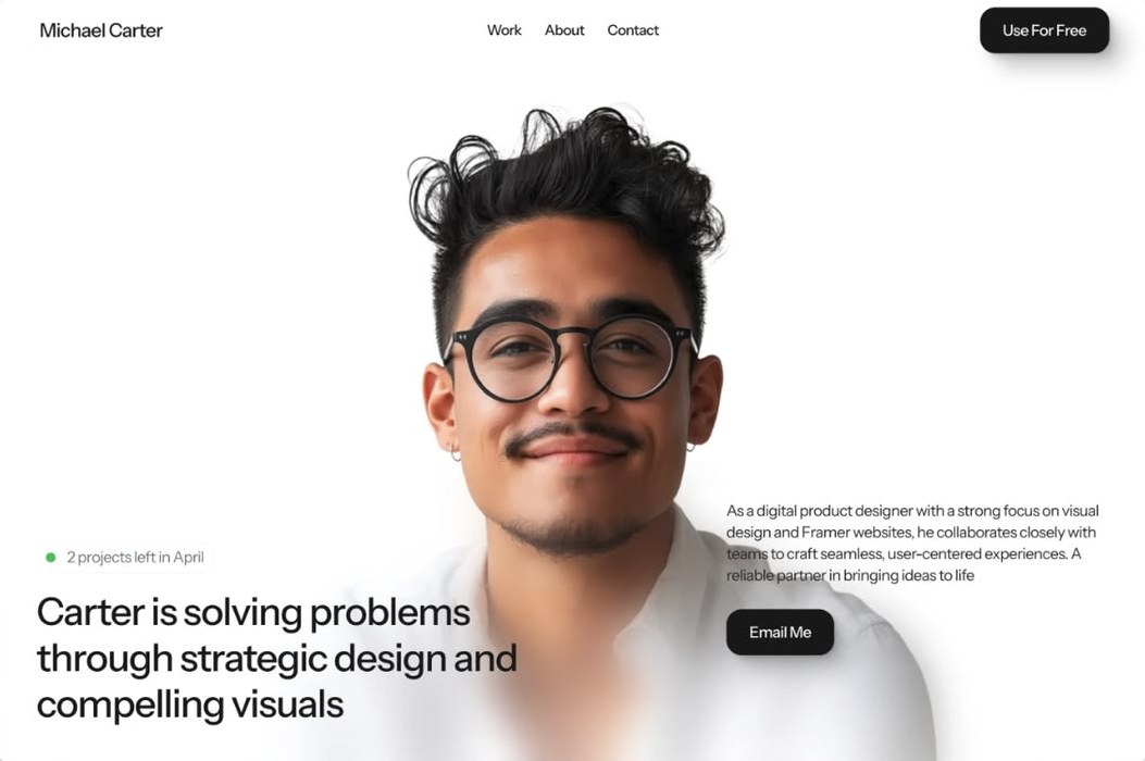 Michael Carter's portfolio homepage — a smiling designer in round glasses on white, beside the headline Carter is solving problems through strategic design and compelling visuals