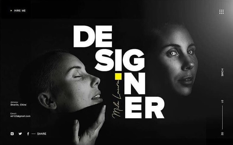 Mila Laura's portfolio homepage — two monochrome portraits either side of a stacked white DESIGNER wordmark on near-black, with a single yellow square as the only colour