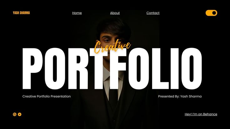 Yash Sharma's creative portfolio homepage — a heavy white PORTFOLIO wordmark over a figure in a dark suit, with Creative scripted in yellow above it