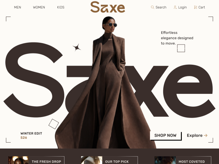 The Saxe fashion store homepage — a model in a brown coat standing inside an oversized Saxe wordmark