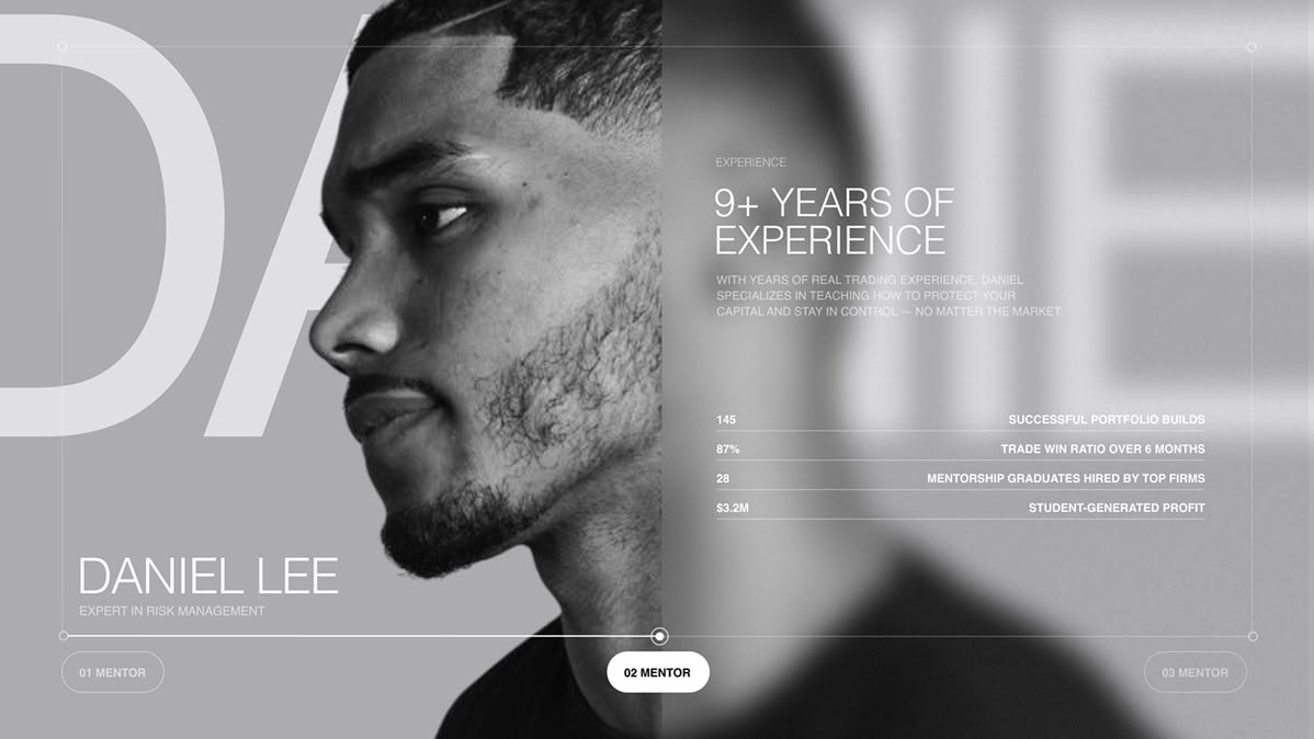 The Daniel Lee mentorship site — a monochrome portrait beside the headline 9+ years of experience, with risk-management stats and 01/02/03 mentor tabs
