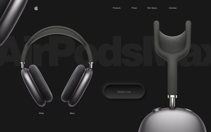 An Apple AirPods Max product page in near-black — two views of the headphones over a vast outlined AirPodsMax wordmark, with White and Black swatches