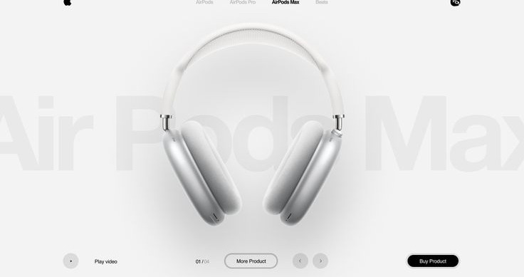 The same AirPods Max page inverted to near-white — silver headphones centred over a pale Air Pods Max wordmark, with Play video, More Product and Buy Product controls