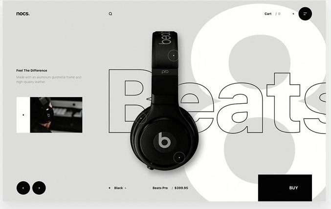 The nocs. store showing Beats Pro — black headphones hung over an outlined Beats wordmark on warm grey, with a $399.95 price and a BUY block