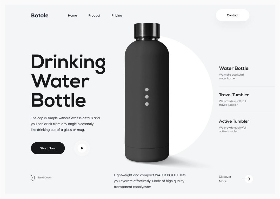 The Botole water-bottle store — a matte black bottle on a white disc, beside a heavy Drinking Water Bottle headline and a Start Now button